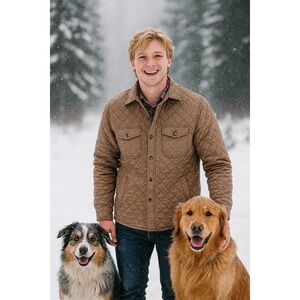 George Mens Quilted Shirt Jacket, Brown Herringbone Flannel Lined, Shacket‎